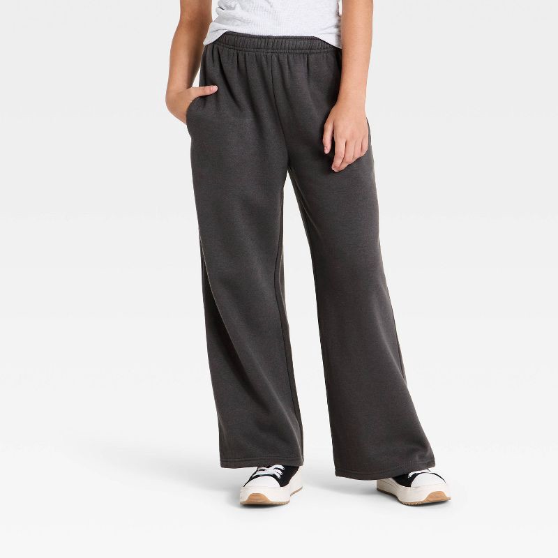 slide 1 of 3, Girls' Wide Leg Fleece Sweatpant - art class™ Charcoal Gray M, MED