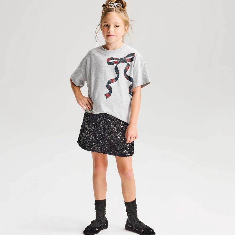 slide 1 of 3, Girls' Short Sleeve Oversized Bow Graphic T-Shirt - Cat & Jack™ Heather Gray L, LG