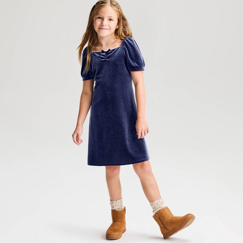slide 1 of 4, Girls' Short Sleeve Square Neck Velvet Dress - Cat & Jack™ Navy Blue S, SM