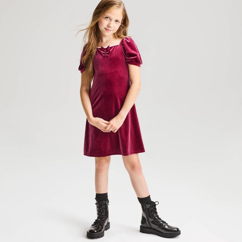 slide 1 of 4, Girls' Short Sleeve Square Neck Velvet Dress - Cat & Jack™ Burgundy M, MED