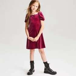 Girls' Short Sleeve Square Neck Velvet Dress - Cat & Jack™ Burgundy L