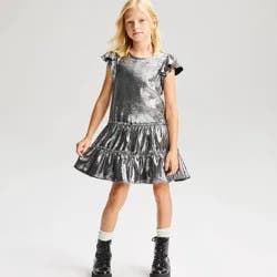 Girls' Mini Flutter Sleeve Metallic Dress - Cat & Jack™ Silver XS