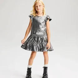 Girls' Mini Flutter Sleeve Metallic Dress - Cat & Jack™ Silver M
