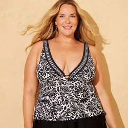 Women's Floral Center Bead V-Neck Tankini Top - Shade & Shore™ Black/White X