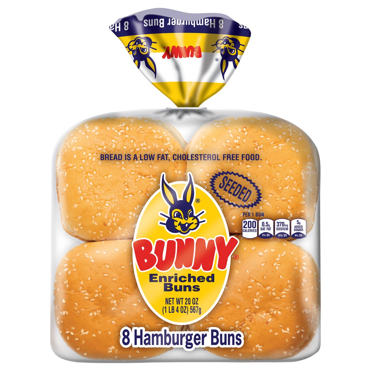 slide 1 of 13, Bunny Bread Seeded Hamburger Buns, Enriched Sliced White Bread Hamburger Buns, 8 Count, 8 ct