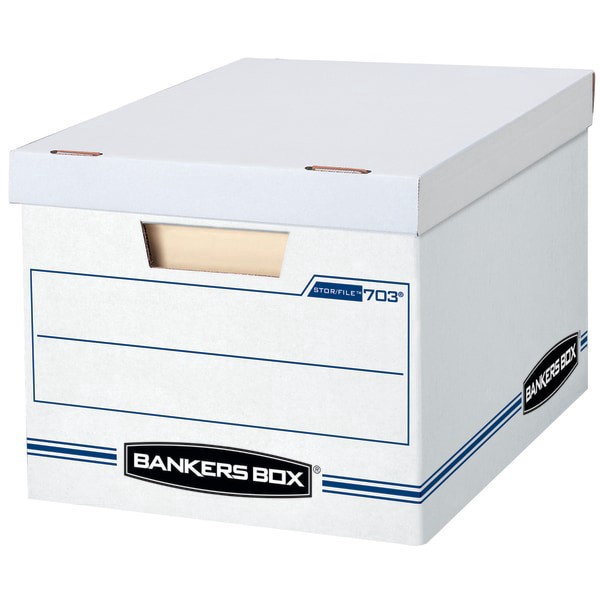 slide 1 of 9, Bankers Box Stor/File Basic Strength Storage Boxes, 60% Recycled, White/Blue, 13 ct
