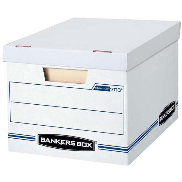 slide 1 of 7, Bankers Box Stor/File Basic Strength Storage Boxes, 60% Recycled, White/Blue, 13 ct