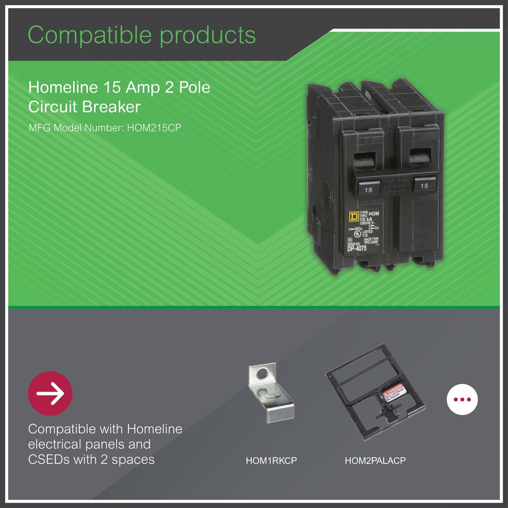 slide 5 of 5, Square D Homeline 15-amp 2 -Pole Standard trip Circuit Breaker, 1 ct