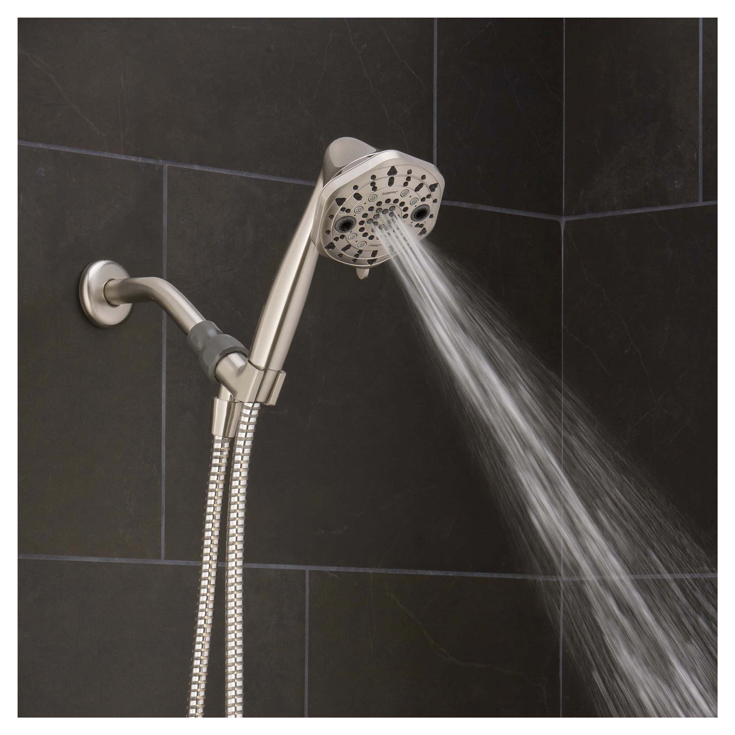 slide 3 of 5, Oxygenics PowerSelect 7-Setting Brushed Nickel Handheld Shower Head, 1 ct