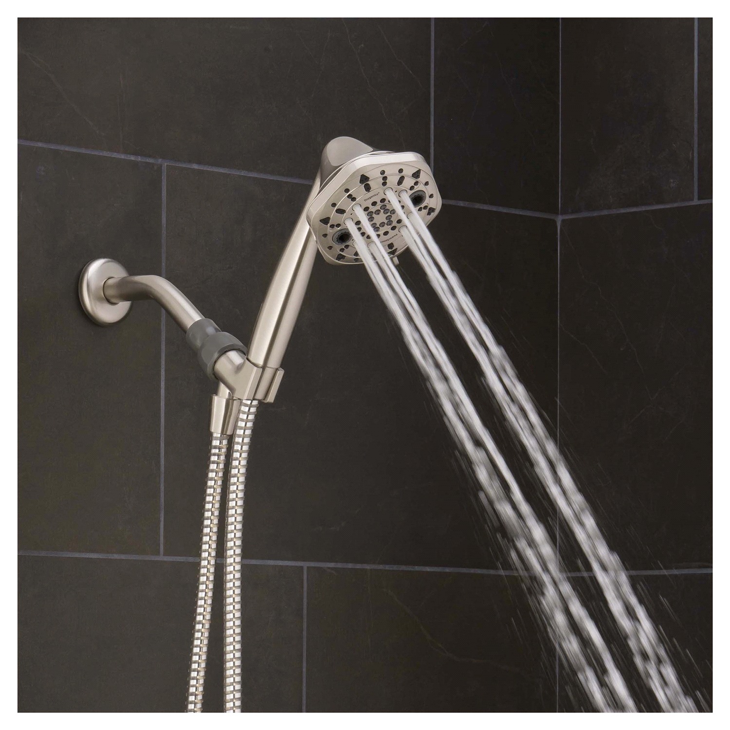 slide 4 of 5, Oxygenics PowerSelect 7-Setting Brushed Nickel Handheld Shower Head, 1 ct