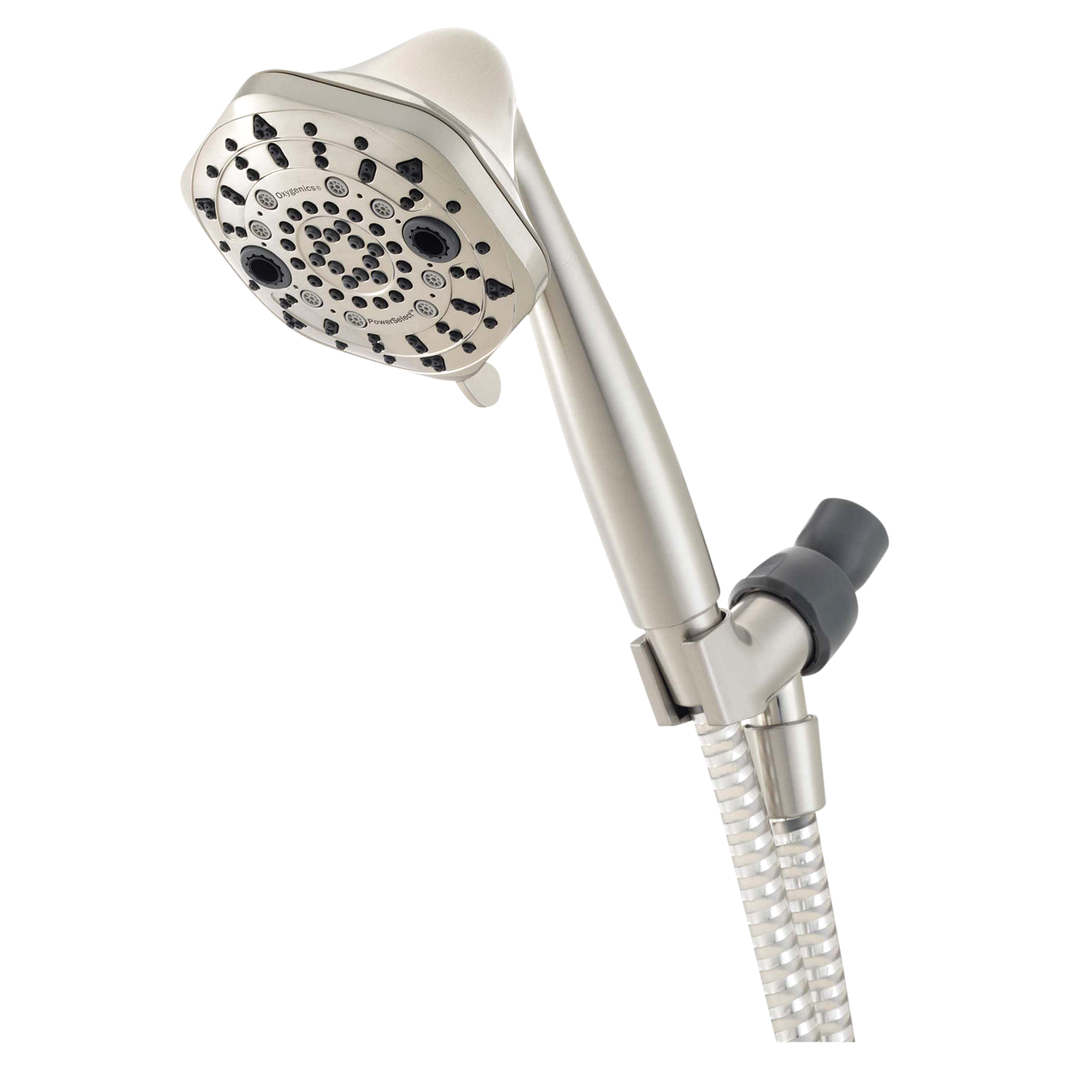 slide 1 of 5, Oxygenics PowerSelect 7-Setting Brushed Nickel Handheld Shower Head, 1 ct