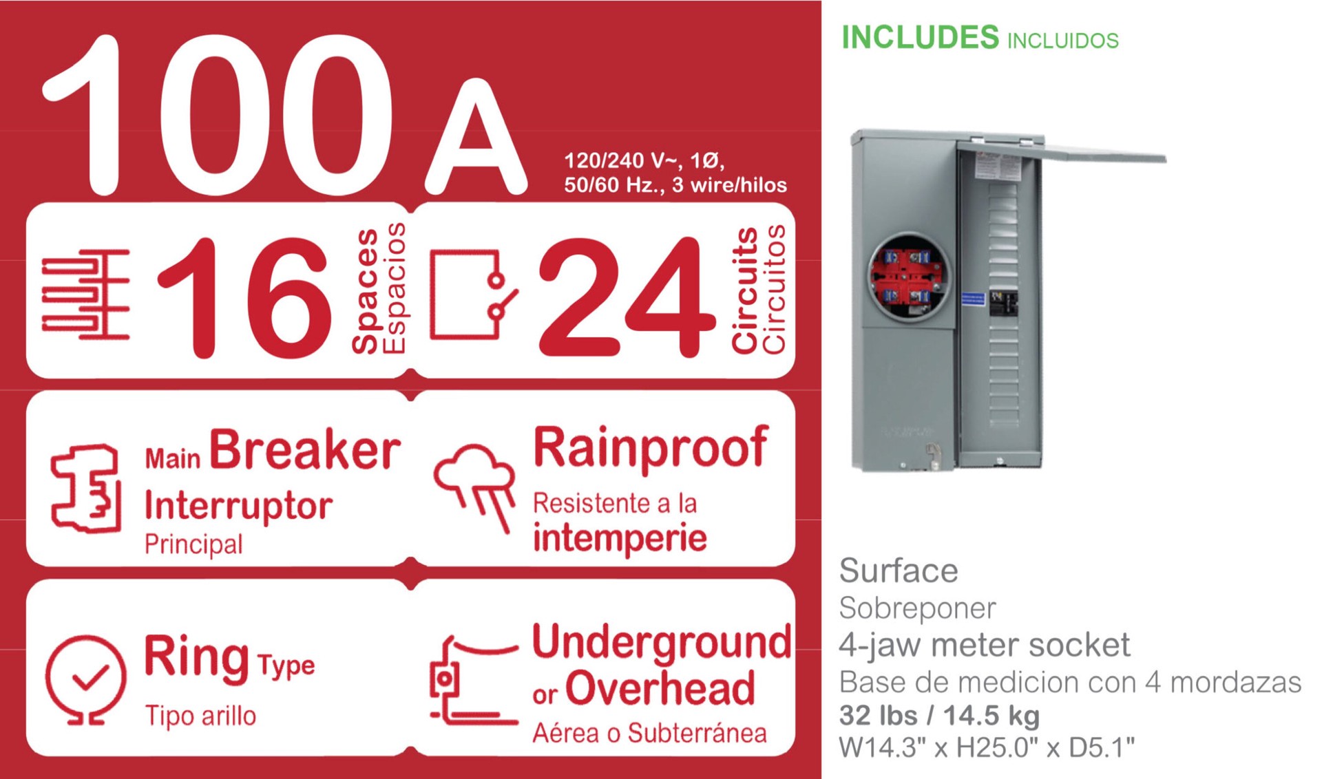 slide 6 of 6, Square D 100 -Amp 16 -Spaces 24 -Circuit Outdoor Main breaker meter combo Load Center, 1 ct