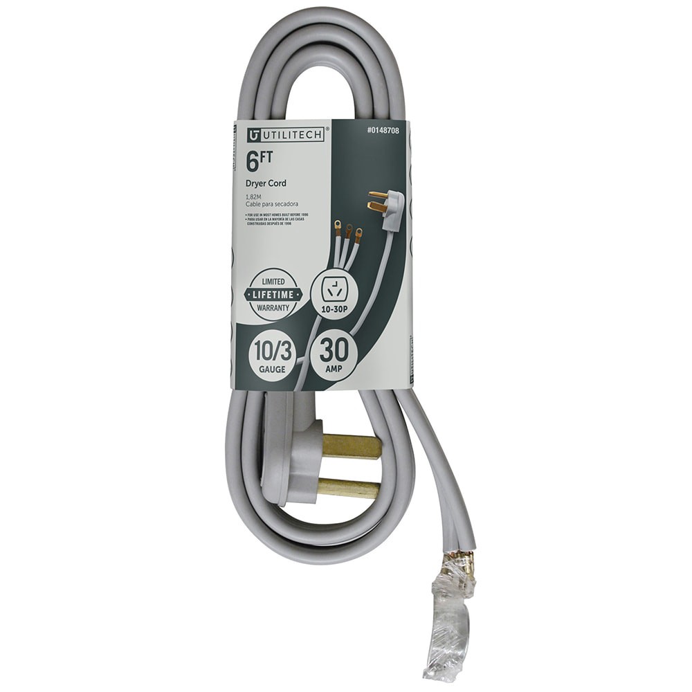 slide 1 of 6, Utilitech 6-ft 30 -Amp 3 -Prong Gray Dryer Appliance Power Cord, 1 ct