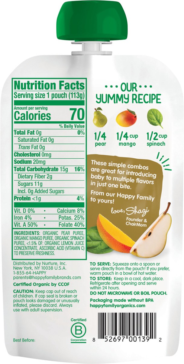 slide 2 of 3, Happy Baby Organics Stage 2 Organic Pears, Mangos & Spinach Pouch 4 oz UNIT, 4 oz