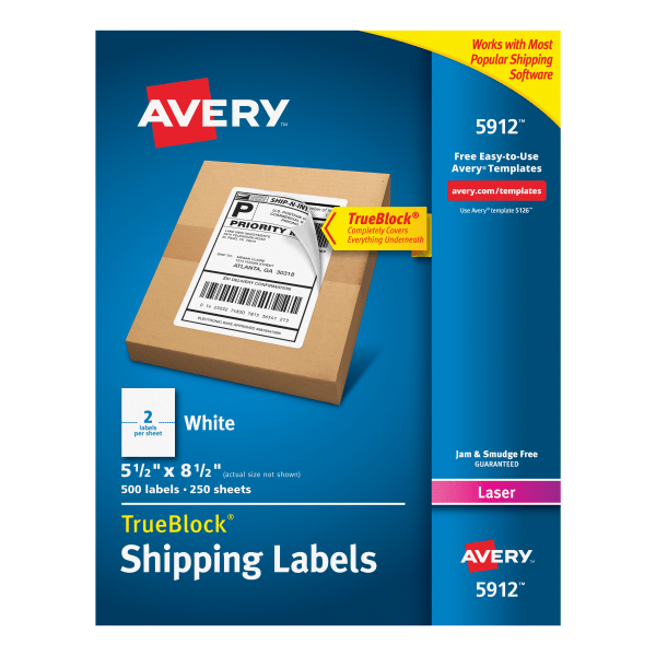 slide 1 of 2, Avery Permanent Shipping Labels with Trueblock Technology, 5912, White, 500 ct; 5.5 in x 8.5 in