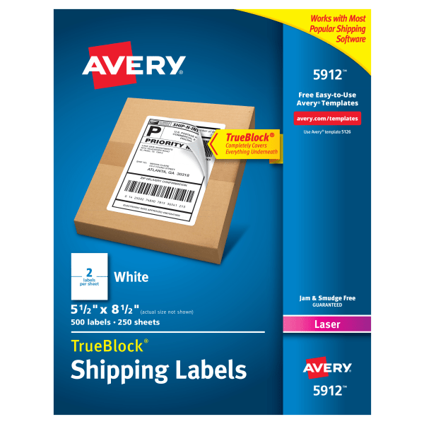 slide 1 of 8, Avery Permanent Shipping Labels with Trueblock Technology, 5912, White, 500 ct; 5.5 in x 8.5 in