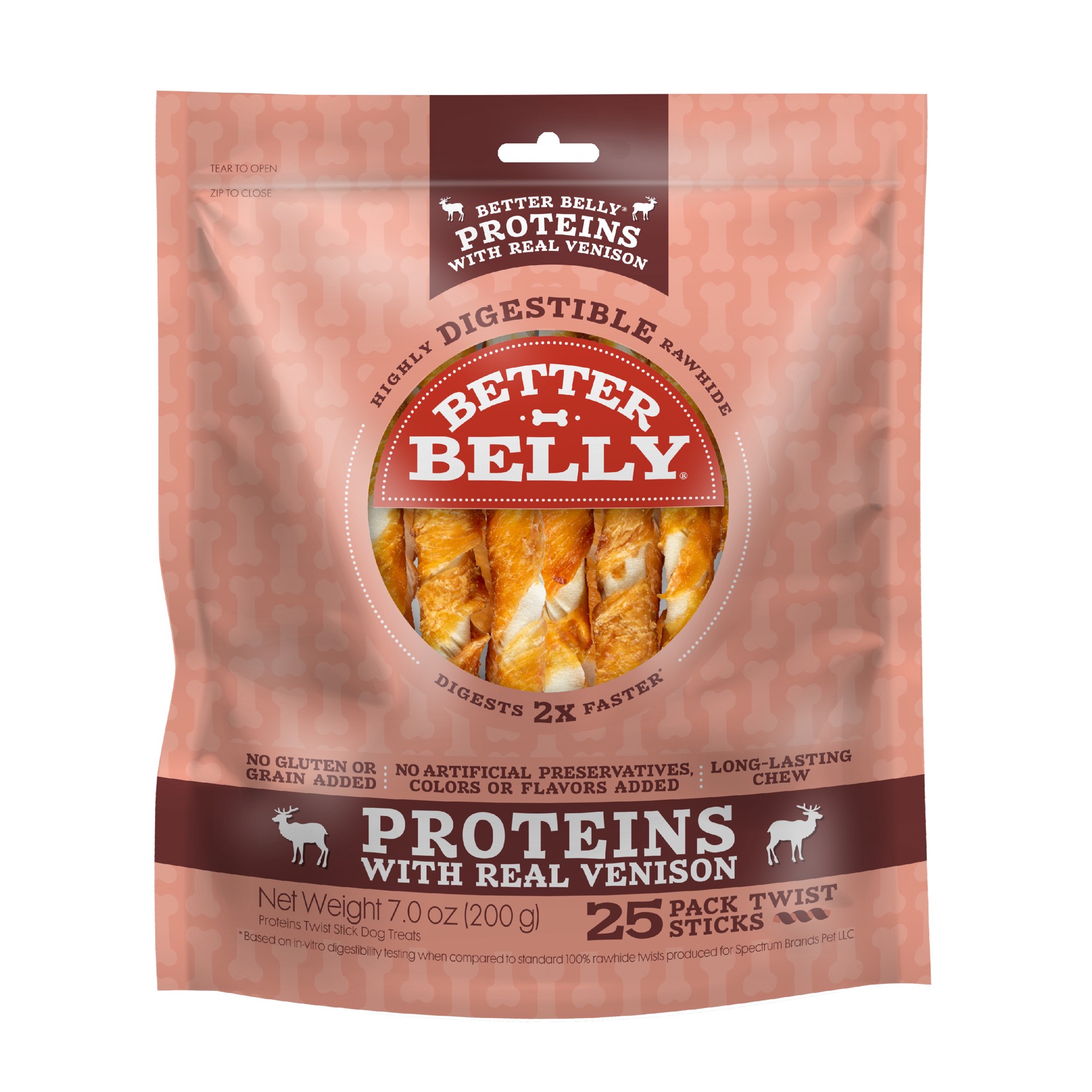 slide 1 of 10, Better Belly Proteins With Real Venison Twists 25 Count, Digestible Rawhide For Dogs, 0.61 lb