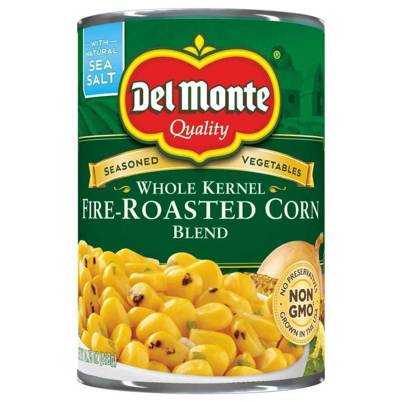 slide 1 of 9, Del Monte Garden Quality Whole Kernel Blend Fire-Roasted Corn 14.75 oz. Can, 14.75 oz