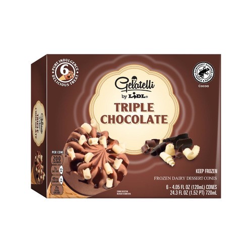 slide 1 of 1, Gelatelli premium frozen waffle cones, triple chocolate, 6 x 4.05 fl oz