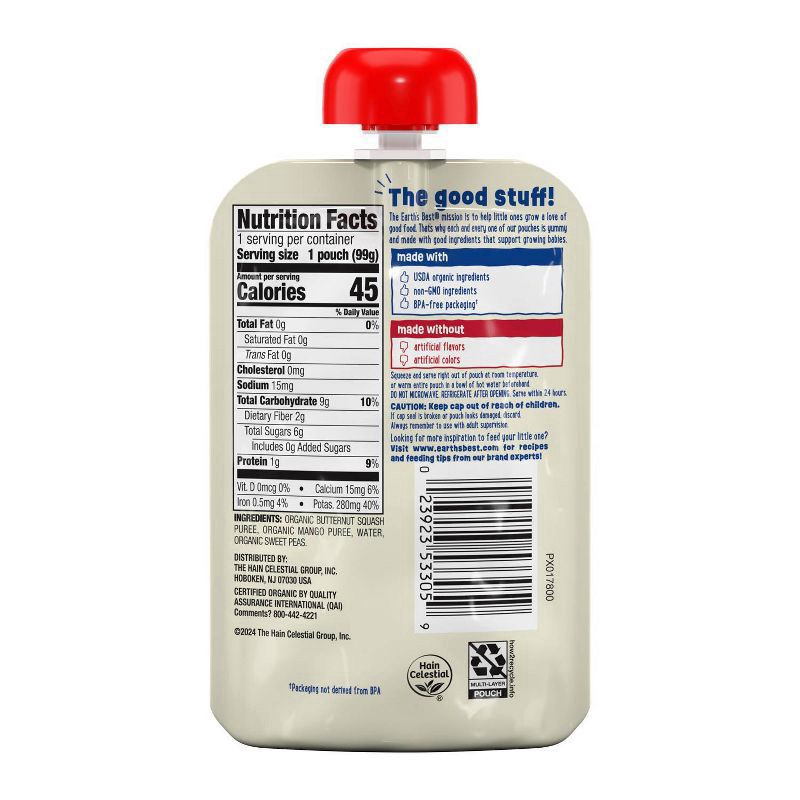 slide 2 of 2, Earth's Best Organic Organic Ages 6m+ Butternut Squash Mango + Sweet Peas Fruit + Veggie Puree 3.5 oz, 3.5 oz