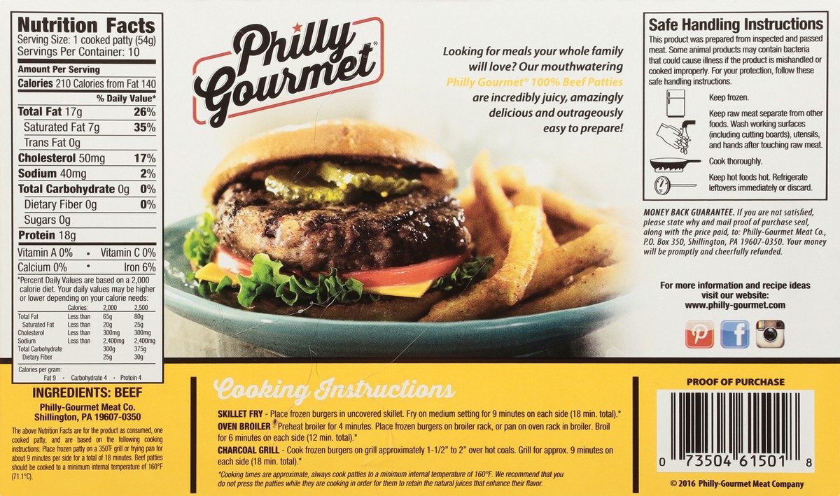 slide 3 of 9, Philly Gourmet 100% Pure Beef Patties 10 ea, 10 ct