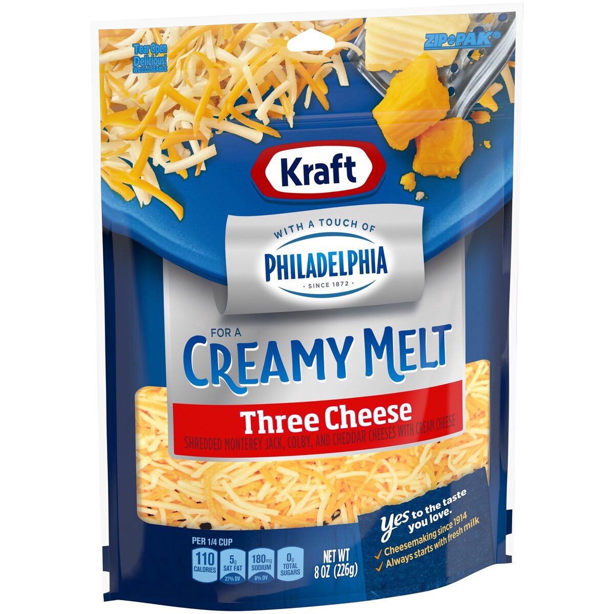 slide 7 of 13, Kraft Three Cheese Blend Shredded Cheese with a Touch of Philadelphia for a Creamy Melt, 8 oz Bag, 8 oz