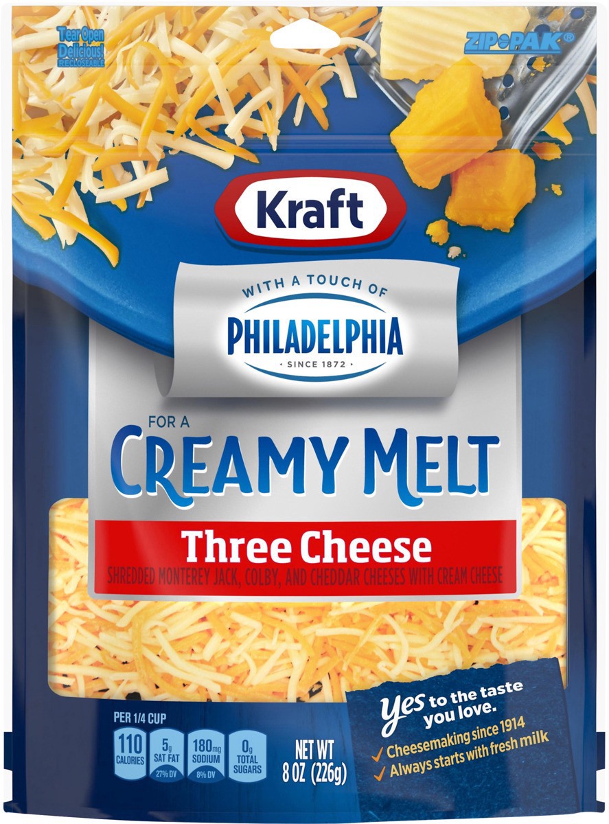 slide 5 of 13, Kraft Three Cheese Blend Shredded Cheese with a Touch of Philadelphia for a Creamy Melt, 8 oz Bag, 8 oz