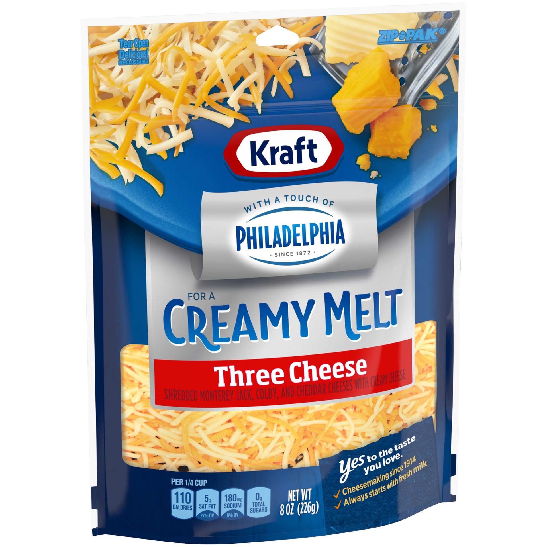 slide 12 of 13, Kraft Three Cheese Blend Shredded Cheese with a Touch of Philadelphia for a Creamy Melt, 8 oz Bag, 8 oz