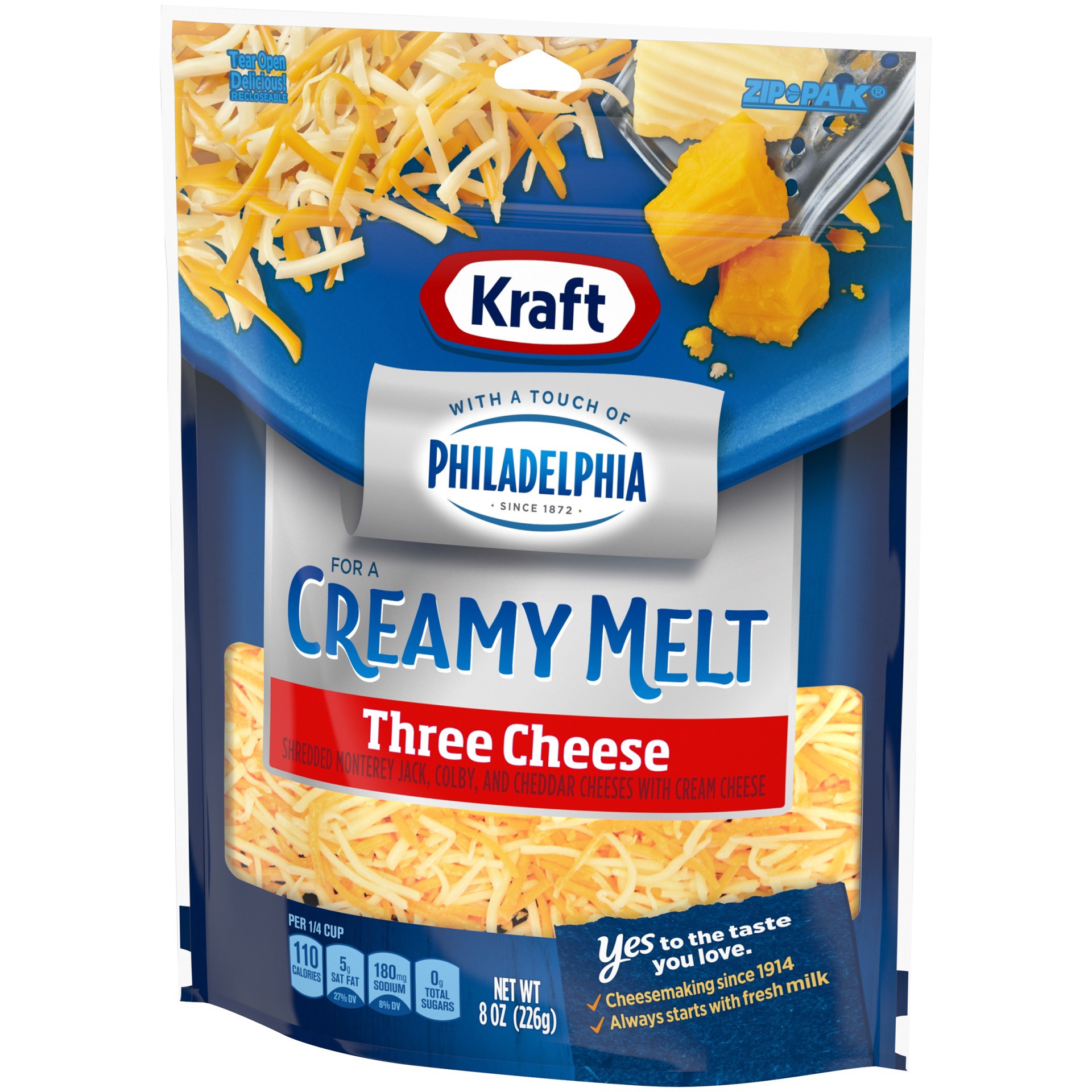 slide 3 of 13, Kraft Three Cheese Blend Shredded Cheese with a Touch of Philadelphia for a Creamy Melt, 8 oz Bag, 8 oz