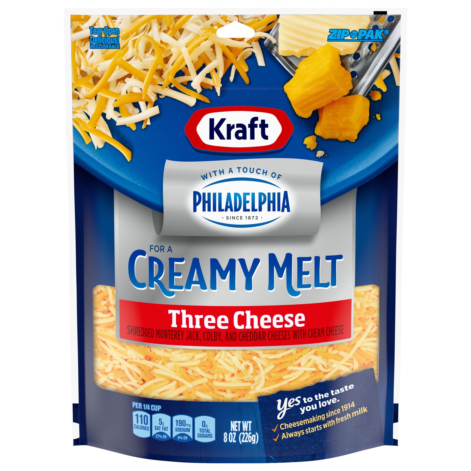 slide 1 of 13, Kraft Three Cheese Blend Shredded Cheese with a Touch of Philadelphia for a Creamy Melt, 8 oz Bag, 8 oz