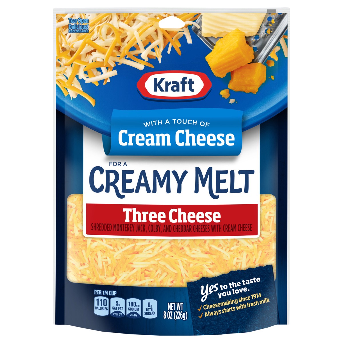slide 1 of 13, Kraft Three Cheese Blend Shredded Cheese with a Touch of Philadelphia for a Creamy Melt, 8 oz Bag, 8 oz