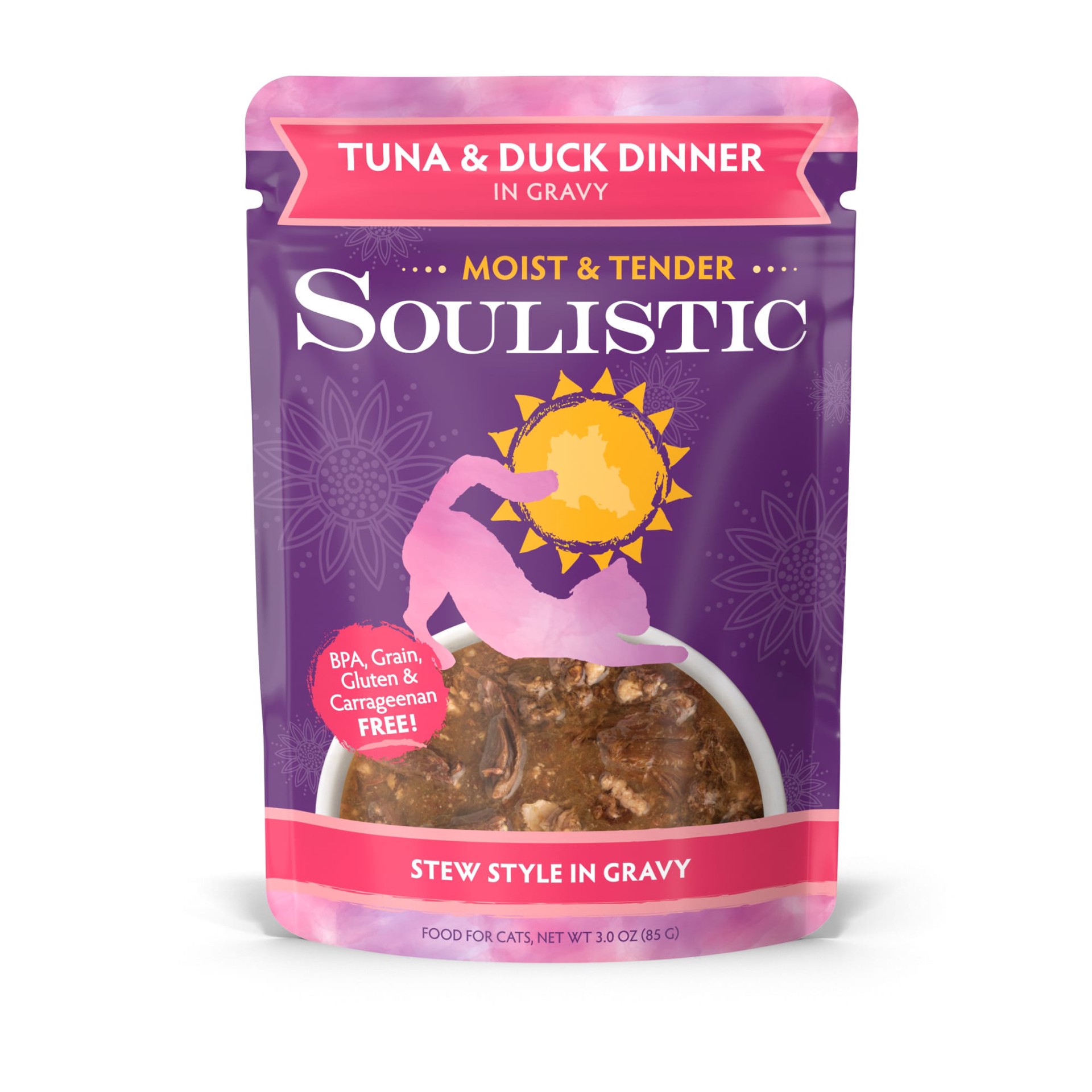 slide 1 of 1, Soulistic Moist & Tender Tuna & Duck Dinner in Gravy Adult Cat Food Pouches, 3 oz