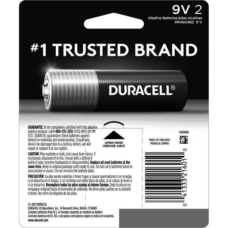 slide 5 of 5, Duracell Coppertop 9V Batteries - 2pk Alkaline Battery: Household Single-Use Power, 2 ct