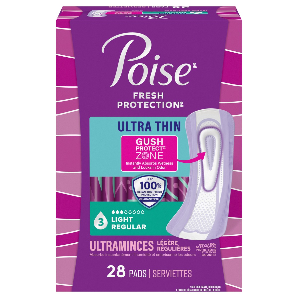 slide 1 of 9, Poise Ultra Thin Incontinence Pads & Postpartum Pads for Bladder Leaks, 3 Drop Light Absorbency, Regular Length, 28 Count, 28 ct