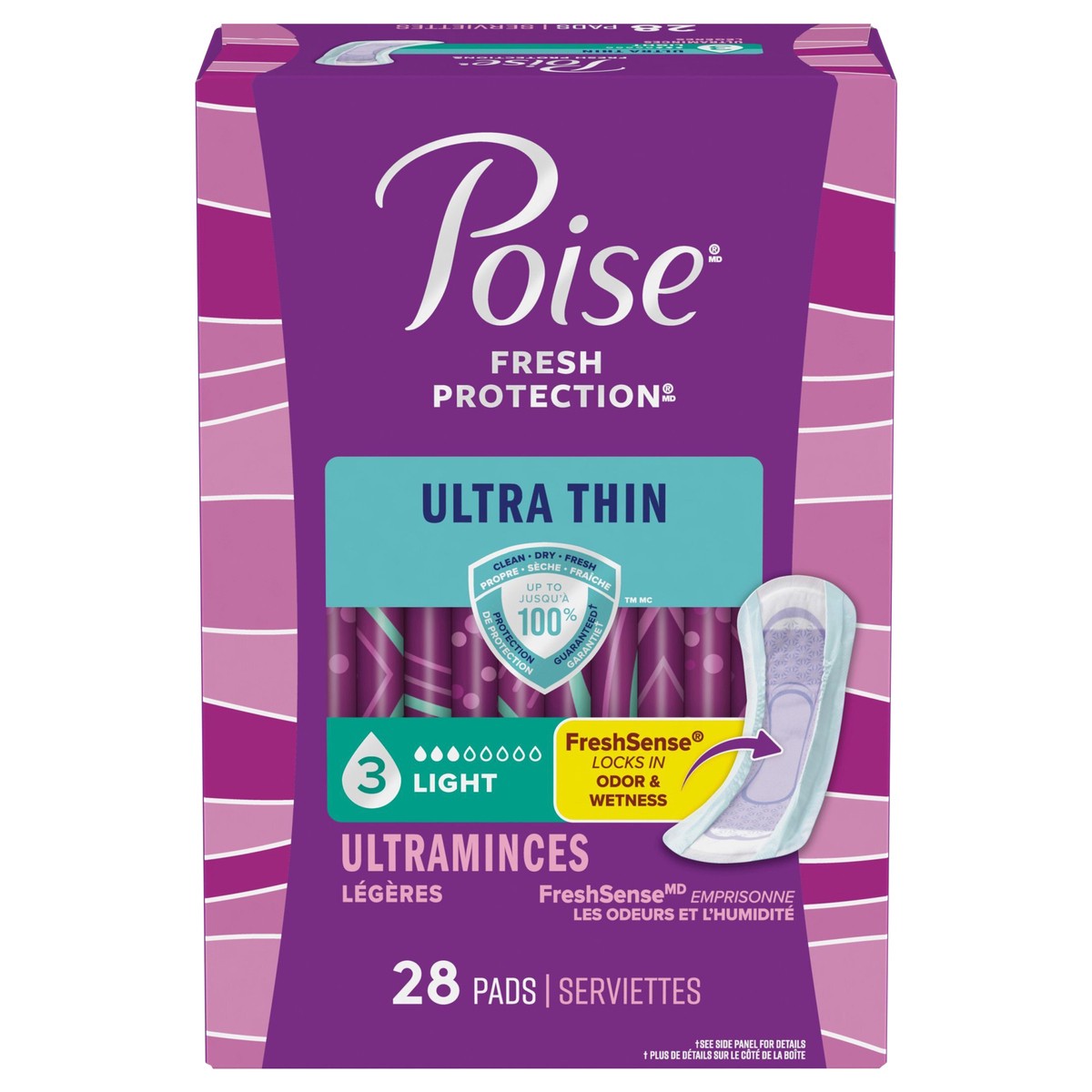 slide 1 of 9, Poise Ultra Thin Incontinence Pads & Postpartum Pads for Bladder Leaks, 3 Drop Light Absorbency, Regular Length, 28 Count, 28 ct