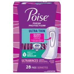 Poise Ultra Thin Incontinence Pads & Postpartum Pads for Bladder Leaks, 3 Drop Light Absorbency, Regular Length, 28 Count
