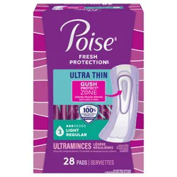 Poise Ultra Thin Incontinence & Postpartum Pads for Bladder Leaks, 3 Drop Light Absorbency, Regular Length, 28 Count