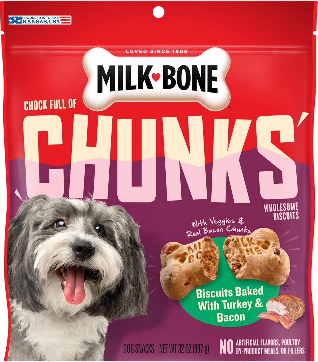 slide 7 of 8, Milk-Bone Chunks Snacks, Turkey & Bacon, 32 oz