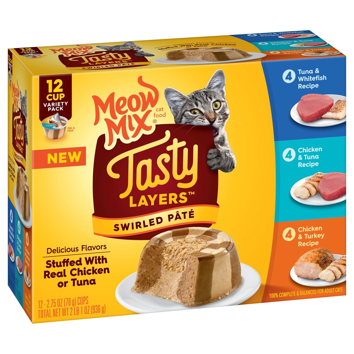 slide 2 of 9, Meow Mix Tasty Layers Variety Pack Cat Food, 12-2.75 Oz Cups, 12 ct