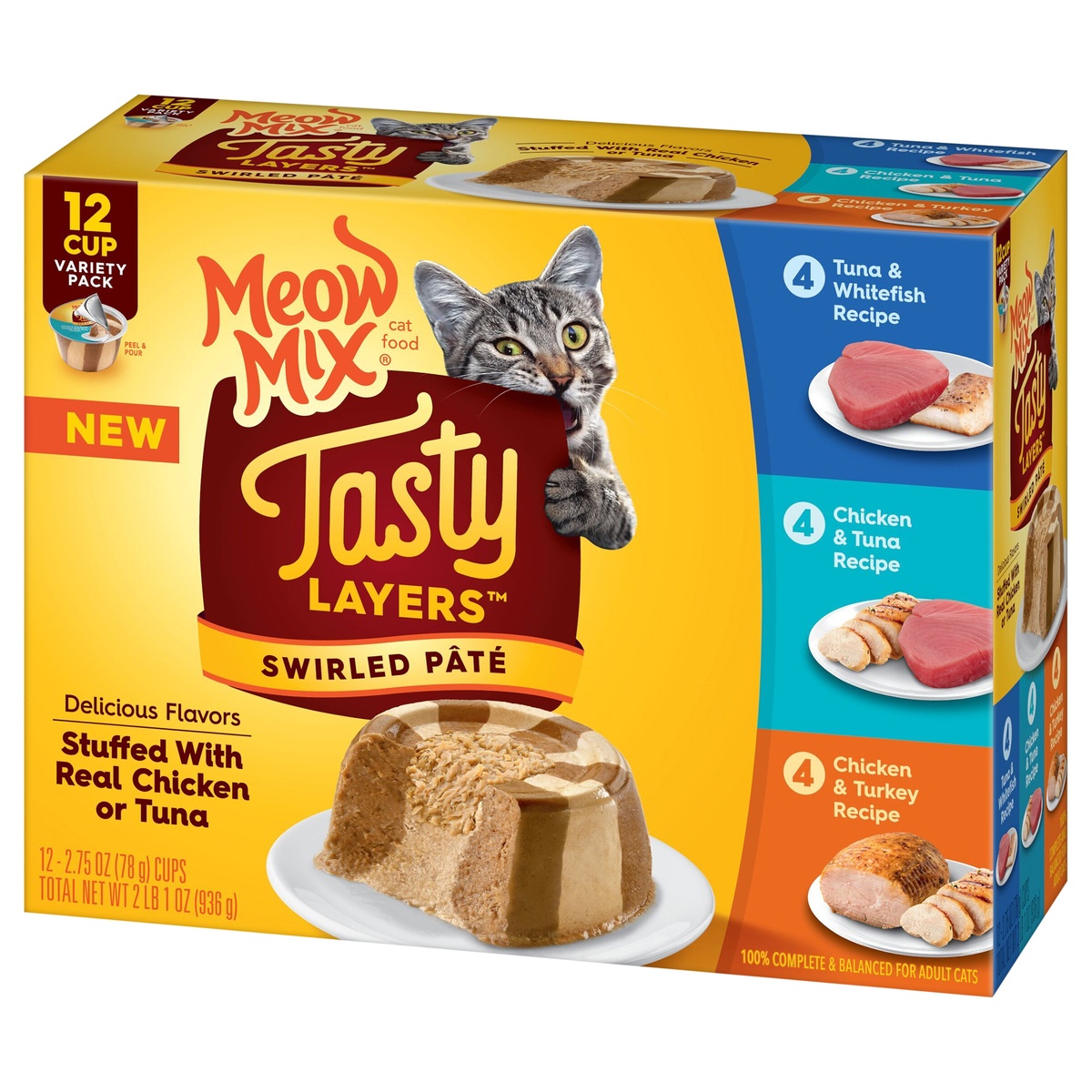 slide 3 of 9, Meow Mix Tasty Layers Variety Pack Cat Food, 12-2.75 Oz Cups, 12 ct