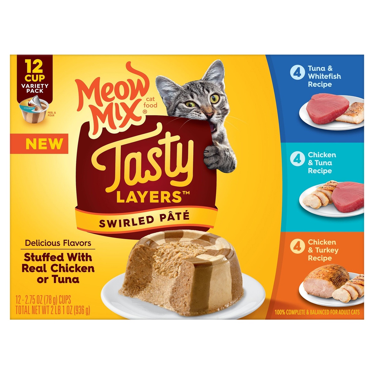 slide 1 of 9, Meow Mix Tasty Layers Variety Pack Cat Food, 12-2.75 Oz Cups, 12 ct