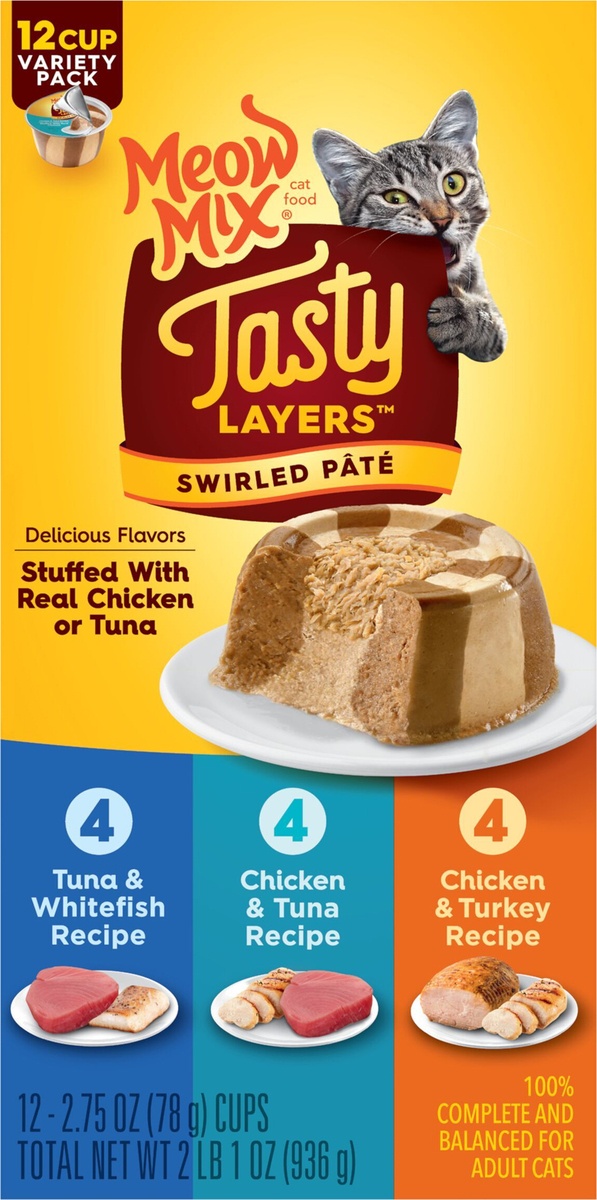 slide 5 of 9, Meow Mix Tasty Layers Variety Pack Cat Food, 12-2.75 Oz Cups, 12 ct