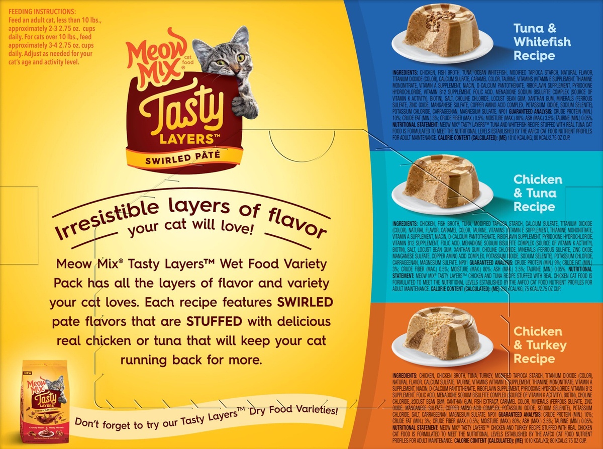 slide 8 of 9, Meow Mix Tasty Layers Variety Pack Cat Food, 12-2.75 Oz Cups, 12 ct