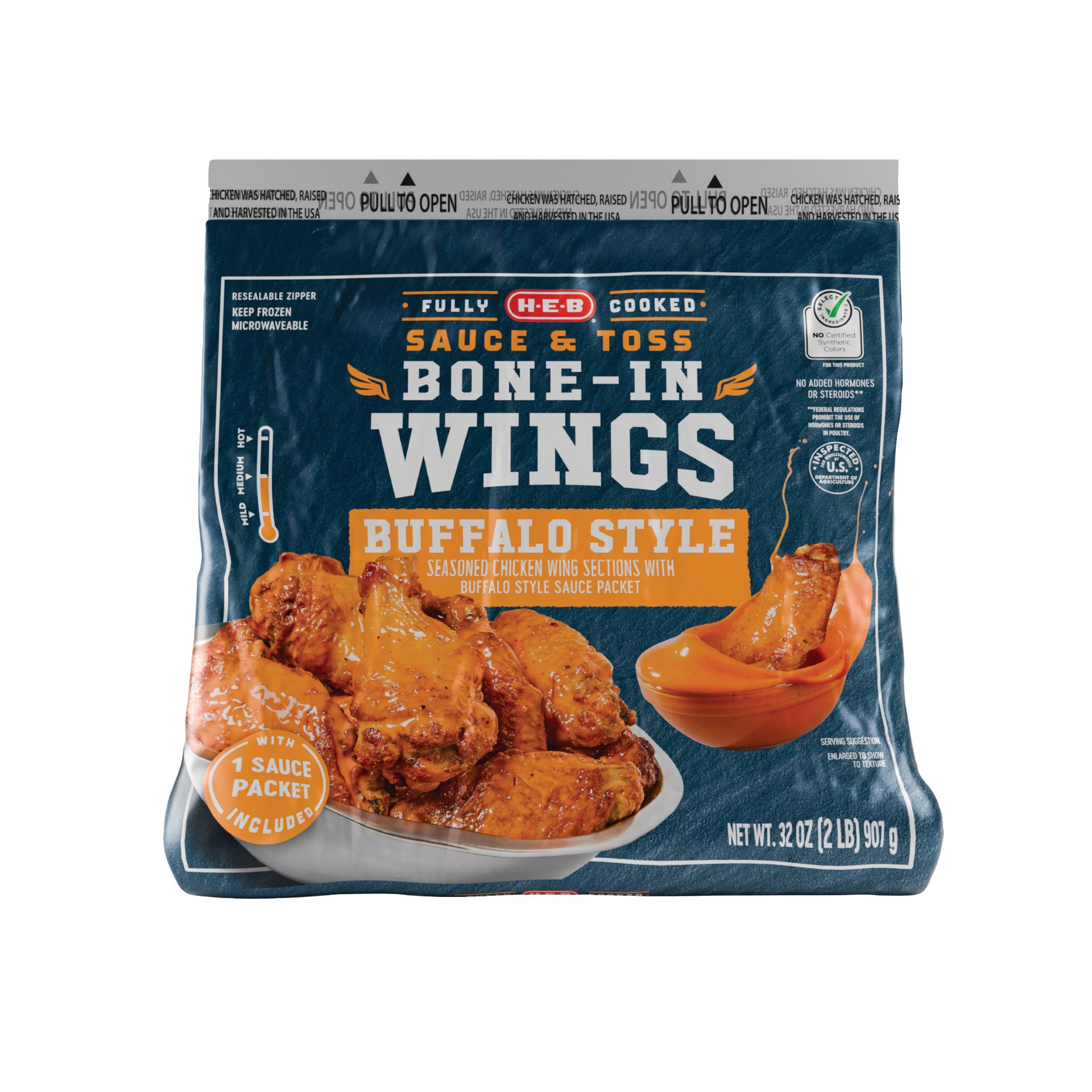 slide 1 of 1, H-E-B Frozen Fully Cooked Bone-In Wings - Buffalo Style, 32 oz