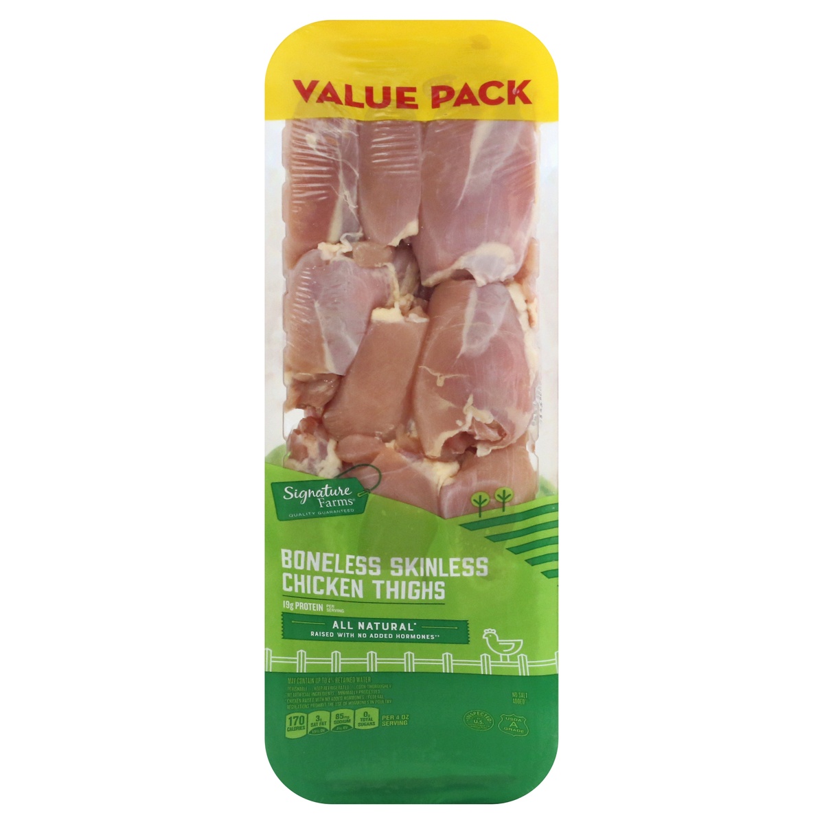 slide 1 of 1, Signature Farms Chicken Thighs Boneless Skinless Value Pack, per lb
