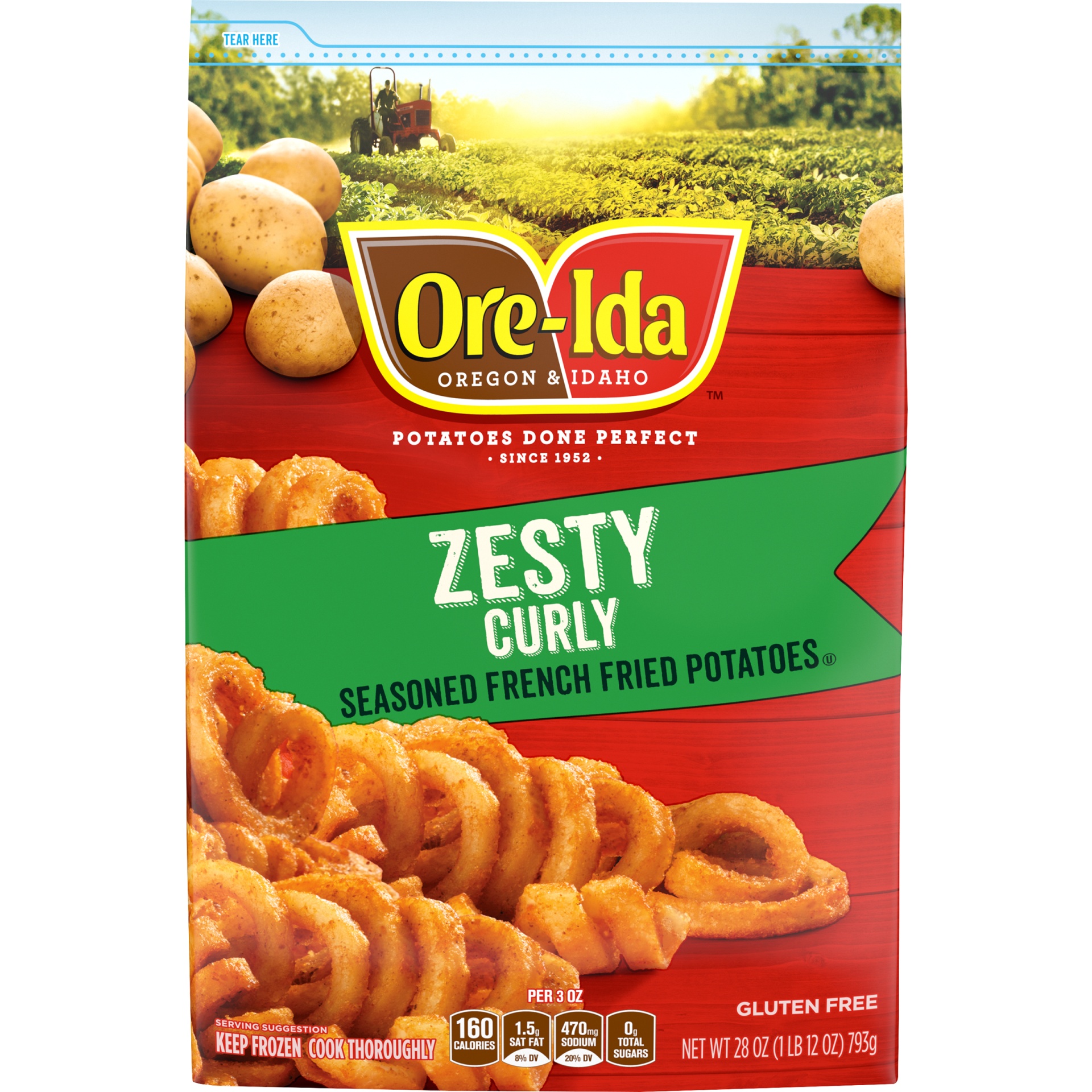 slide 1 of 8, Ore-Ida Zesty Curly Seasoned French Fries Fried Frozen Potatoes, 28 oz