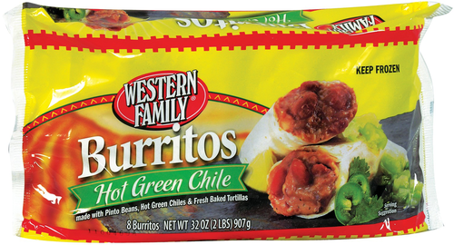 slide 1 of 1, Western Family Hot Green Chile Burritos, 32 oz