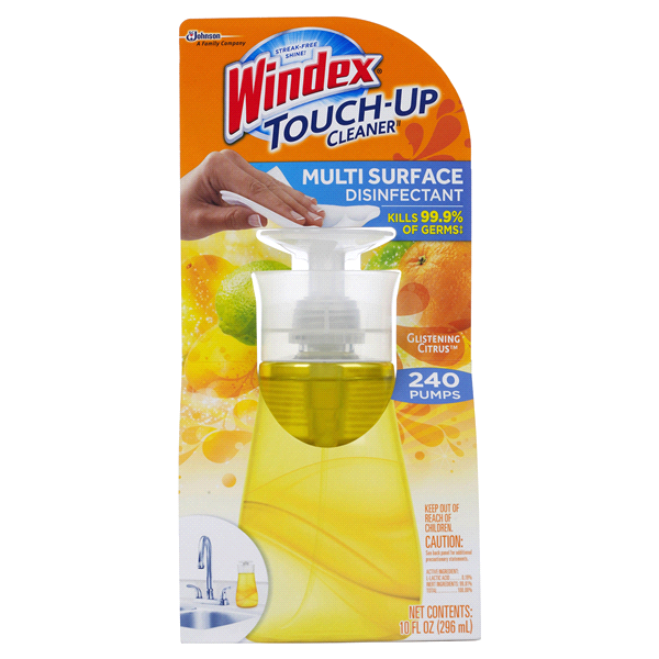 slide 1 of 3, Windex Touch-Up Cleaner Antibacterial Kitchen Multi-Surface Glistening Citrus, 10 oz