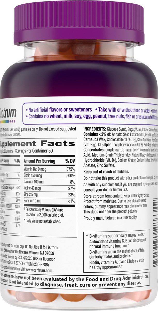 slide 3 of 9, Centrum MultiGummies Gummy Multivitamin for Women, MultivitaminMultimineral Supplement with Vitamin D3, B Vitamins and Antioxidants, Assorted Fruit Flavor - 100 Count, 100 ct