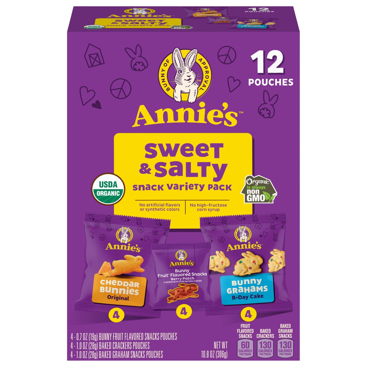 slide 1 of 14, Annie's Sweet and Salty Snack Variety Pack, Cheddar Bunnies, Bunny Grahams and Bunny Fruit Flavored Snacks, Organic Kids Snacks, 12 Pouches, 10.8 oz, 10.8 oz